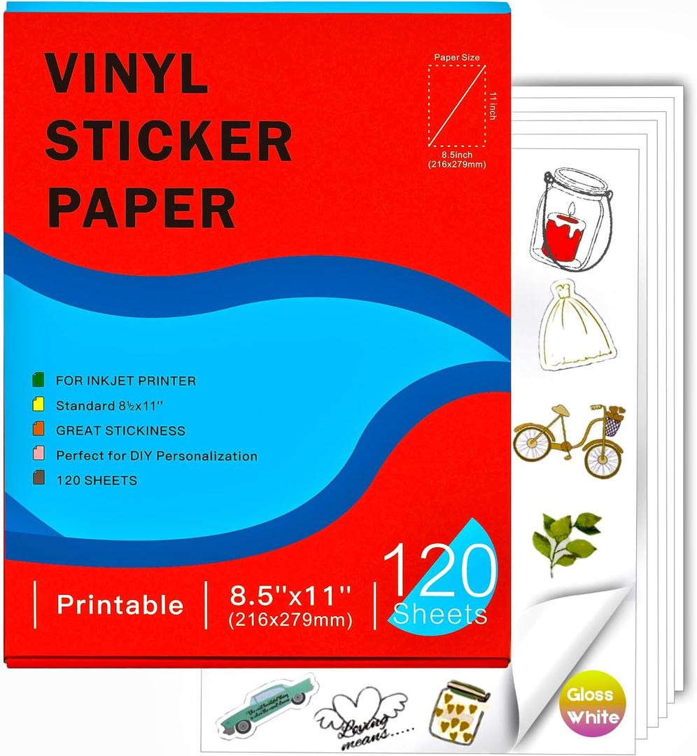 Ruibytree 8.5" x 11" 120 Sheets Printable Waterproof Glossy White Vinyl Sticker Paper for Inkjet Printer, Vivid Colors, Tear Resistance, Easy to cut and peel