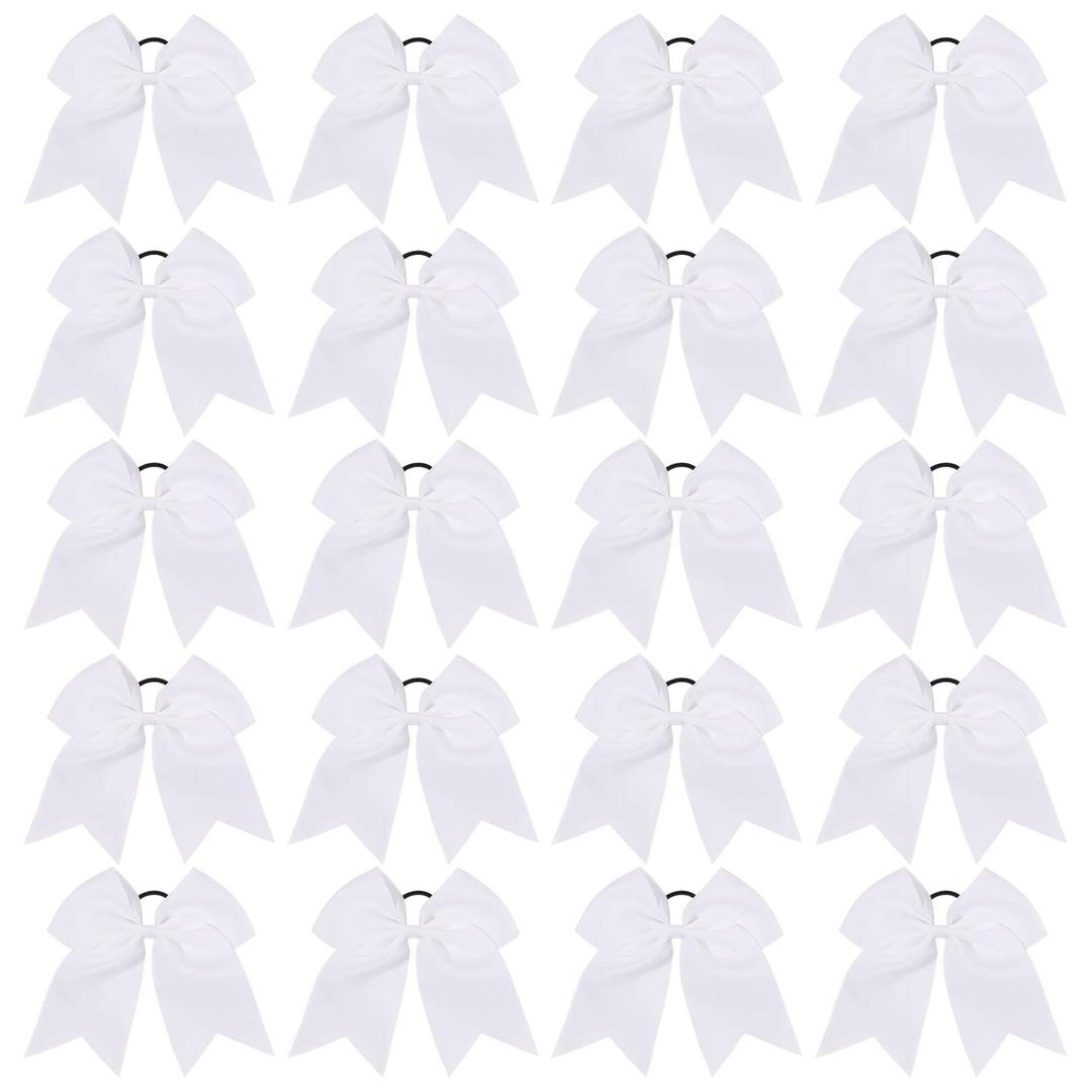 20 PCS 8 Inch Cheer Hair Bows Large Cheerleading Big Hair Bows with Ponytail Holder Hand-made Grosgrain Ribbon Hair Accessories for Teen Girls (White)