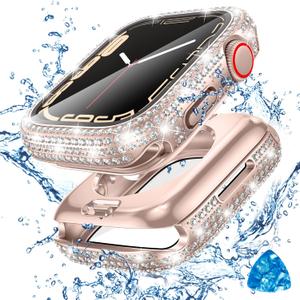 Tensea [2 in 1 for Waterproof Apple Watch Screen Protector Case SE 2nd Generation SE 6 5 4 44mm Accessories, iWatch Hard Diamond Front and Back Bumper Case with Tempered Glass Film, Bling Face Cover