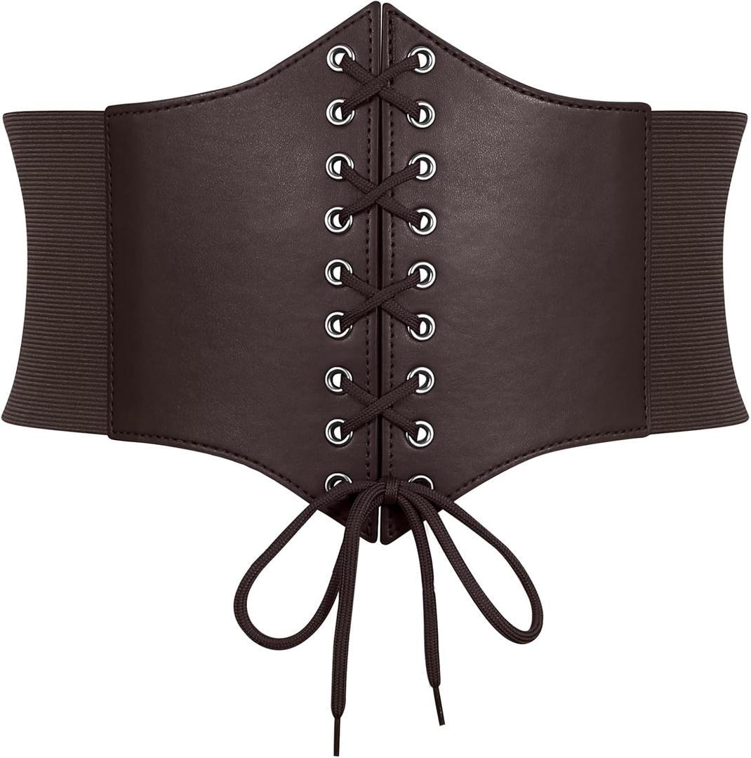 Women Corset Belt Elastic Lace-up Wide Waspie Belt Vintage Halloween Punk Costume (S fit waist:28"-30", 2-coffee)