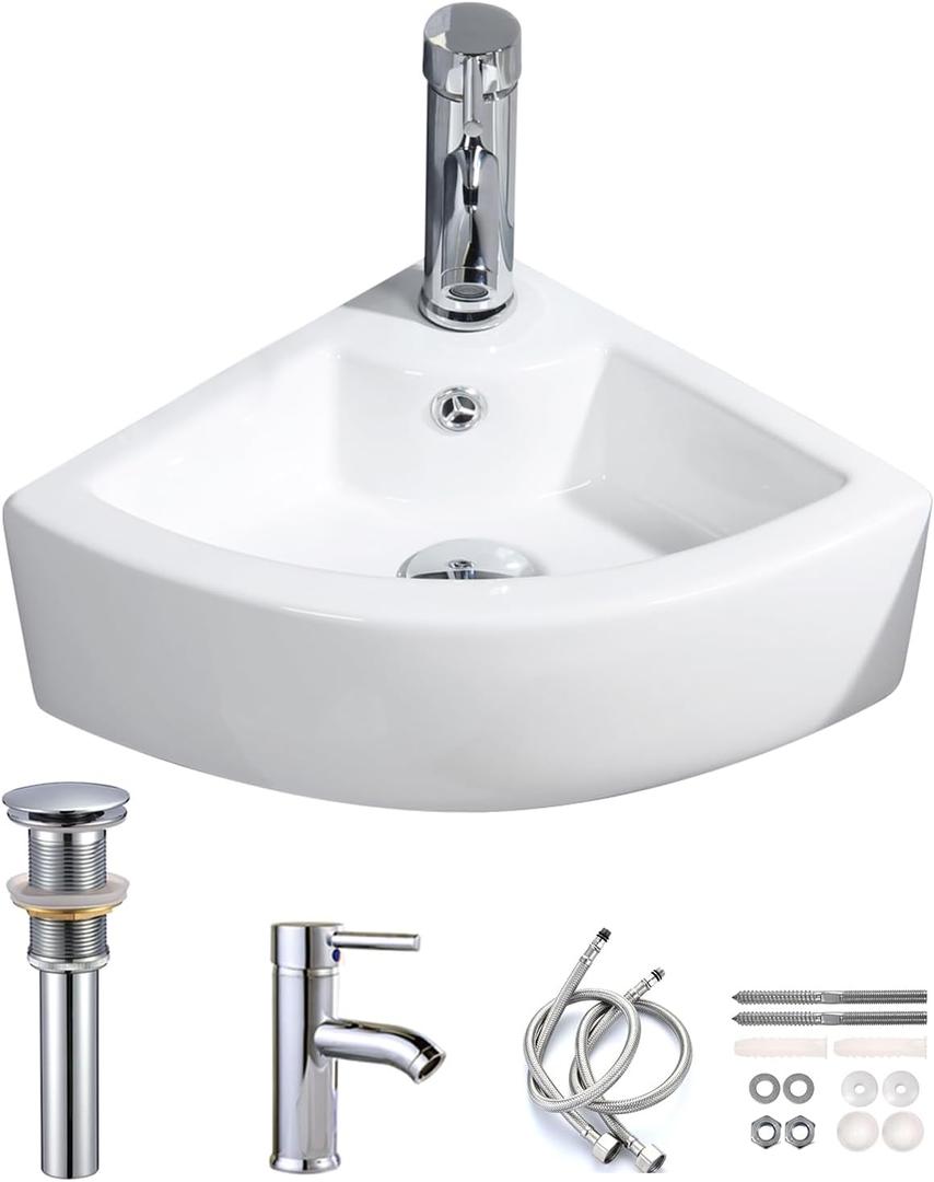 Small Bathroom Sink Wall Mounted Basin Triangle Corner Mini Sink with Chrome Faucet & Waste Drain Kit-12.8 x 12.8 x 5.1inch/325 x 325 x 130mm