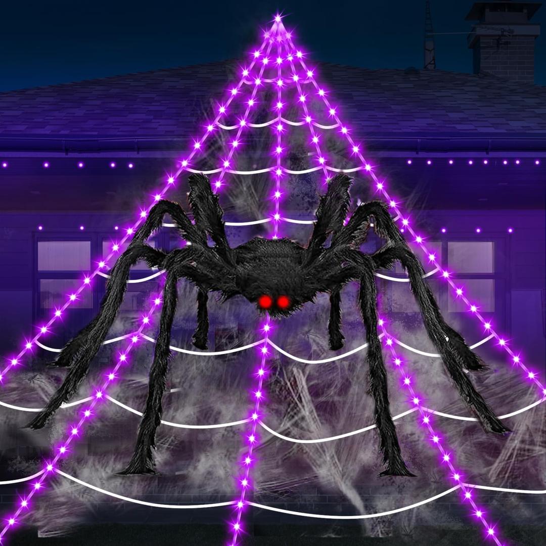 Halloween Decorations Outdoor Spider Web Lights, 23Ft 350 LED Light up Spider Web with 6.6Ft Giant Spider, 8 Modes Waterproof Timer Spiderweb Lights for Garden  Haunted House Decor, Purple