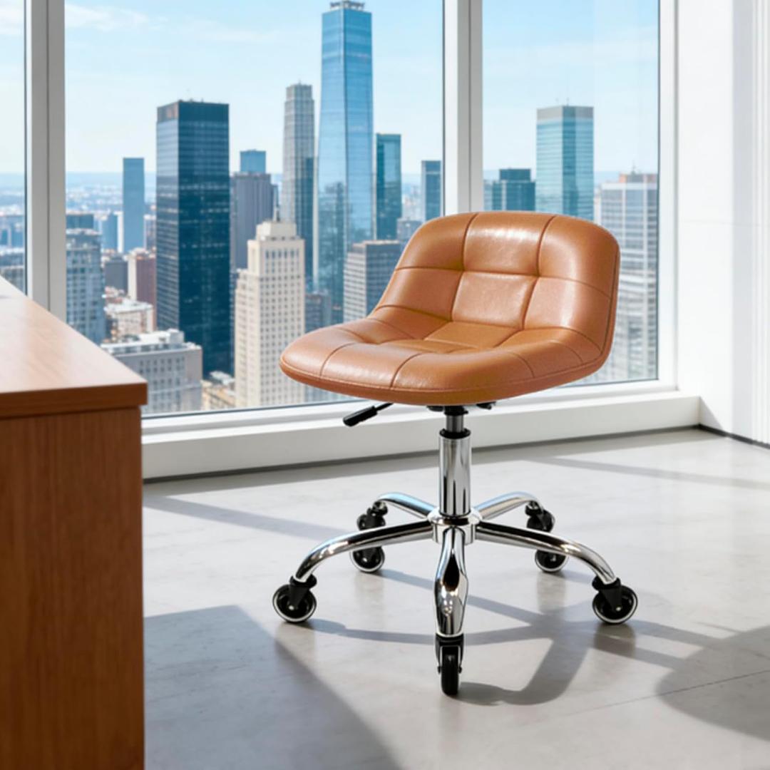 Rolling Stool Chair with Wheels, Height Adjustable Stool with Back Support, Office Drafting Chair with PU Leather Cushion for Home Office Kitchen Vanity Salon Garage Tattoo Dentist Esthetician(Camel), Round Base
