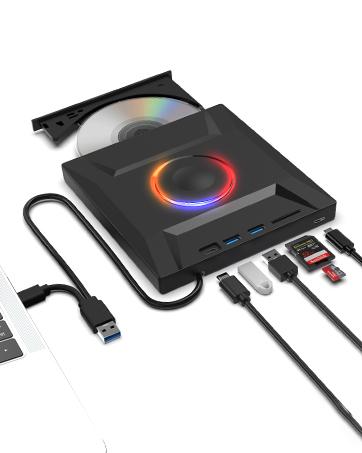 External CD DVD Drive,7 in 1 USB 3.0 and Type-C Disc Reader Writer Burner Player,Slim and Portable CD DVD +/-RW Optical Drive for PC Laptop Desktop MacBook Mac Windows Linux OS Apple (7 in 1)