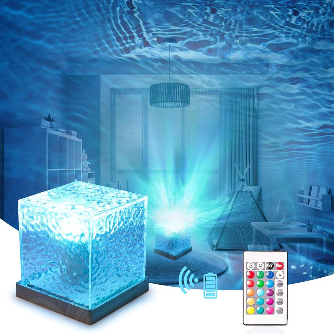 RICHMYC Northern Lights Ocean Wave Projector Light, 16 Colors Gradual Rotating Flame Water Ripple Lamp, Aurora Night Light with Remote Control for Office Bedroom Bar Restaurant (Wood)