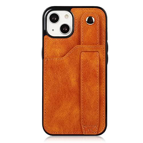 Hawswed Phone case for iPhone 14+i Leather Wallet Phone Case Stand Wrist Strap Phone Case Adjustable Wrist Strap Phone Case for iPhone 14+ Cover case (Color : Khaki)