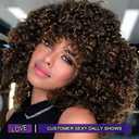YEAME Curly Wigs for Black Women - Curly Afro Wig with Bangs Ombre Brown Mixed Color Synthetic Heat Resistant Full Wigs with 1 Wig Comb and 4pcs Wig Caps