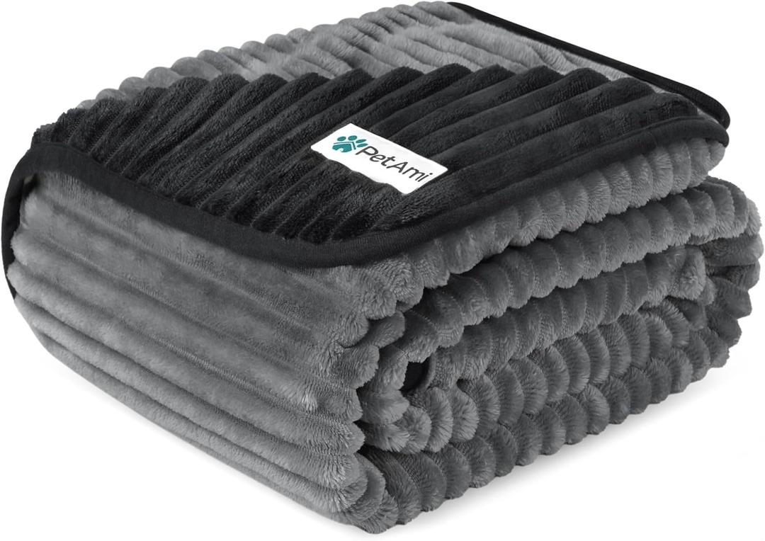 PetAmi Waterproof Dog Blanket, Leakproof Pet Blanket for Small Medium Large Dogs, Reversible Furniture Bed Sofa Couch Cover Protector, Plush Striped Pet Throw for Indoor Cat, 40x60 in, Black Grey