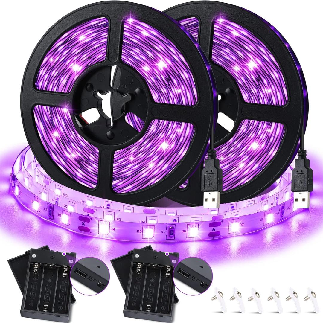 16.4Ft LED Black Light Strip, USB & Battery Operated Adhesive Blacklight Strip Fixture for Halloween Glow Neon Party Decor Doll Vaseline Glass Cabinet Case Display Fluorescent Paint Non-Waterproof