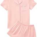 LYANER Women's Pajamas Set Heart Print Button Short Sleeve Shirt with Shorts Sleepwear PJs Set, M