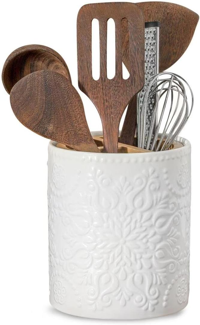 Howise 7" Relief Utensil Holder, Large Kitchen Utensil Holder Organizer , White Stable Utensil Crock Spatula Holder for Kitchen Counter Countertop Farmhouse Cooking Tools Holder with Bamboo Frame