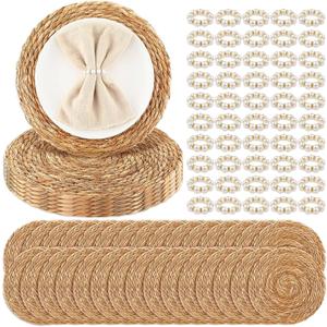 Gandeer 100 Pcs Cattail Round Woven Placemats Set, Cattail Placemats with Pearl Napkin Rings Boho Farmhouse Rustic Woven Chargers Natural Mat Bulk for Wedding Party, Dinner Table (13 Inch)