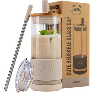 Pandaloo Glass Cups With Lids and Straws -20 Fl Oz- Perfect Size Iced Coffee Cup - Smoothie Cup With Bamboo Lid and On the go Lid (Creamy Mushroom, 1 Count (Pack of 1)
