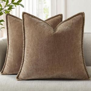 decorUhome Fall Chenille Soft Cozy Throw Pillow Covers 24x24 Set of 2, Modern Farmhouse Boho Velvet Decorative Euro Sham Pillow Cases with Stitched Edge for Couch Sofa Bed Home Decor, Brown
