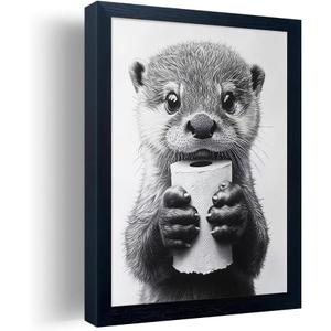 Orvannaatr Bathroom Picture Wall Decor, Framed Black and White Wall Art,Toilet Paper, Hilarious, Funny Bathroom Animal Art Black and White Canvas Print Painting can be Hung Directly Frame (8"L x 10"W, Raccoon)