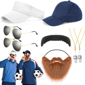 Mepase 8 Pcs Halloween Soccer Coach Costume Set Include Adjustable Baseball Cap and Visor Hat Referee Whistles Gold Frame Sunglasses Mustache for Couples Friends Halloween Comedy Sports Cosplay