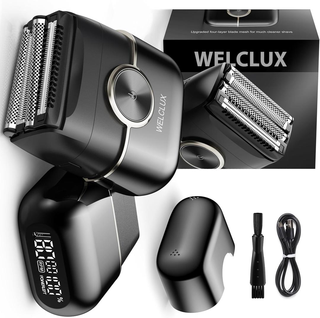 Welclux Electric Foil Shavers for Men: Men's Foil Shaver Featuring 2 Adjustable Speed Gears - Compact Electric Razor with Large LED Display & 4 Floating Blades - Facial Shaver with IPX7 Waterproof
