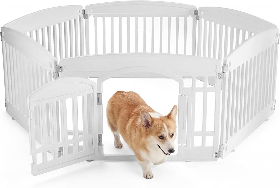 NEWBULIG Dog Playpen 6-Panel, 24IN Puppy Playpen, Stable Dog Play Pen Indoors/Outdoor with Secure Locking Door, Plastic Pet Fence for Small & Medium Dogs (White)