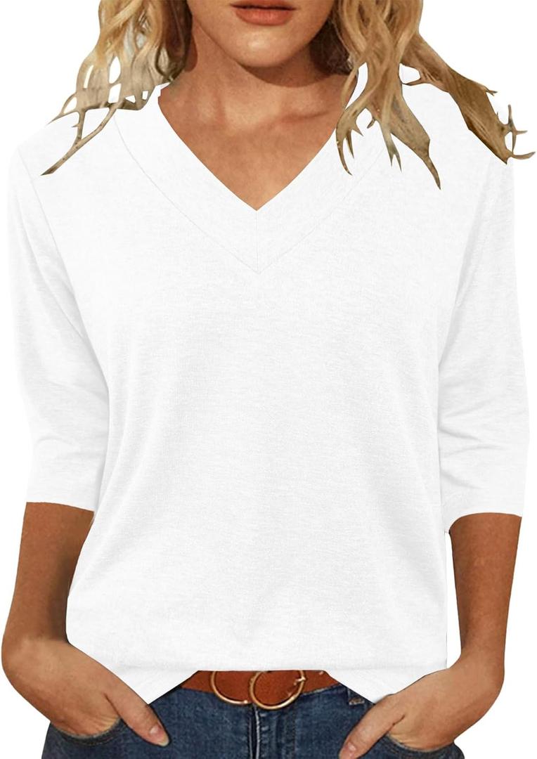 JomeDesign Womens Tops 3/4 Length Sleeve Summer V Neck Shirts Casual Tunic Tops 2025 (Medium, White)
