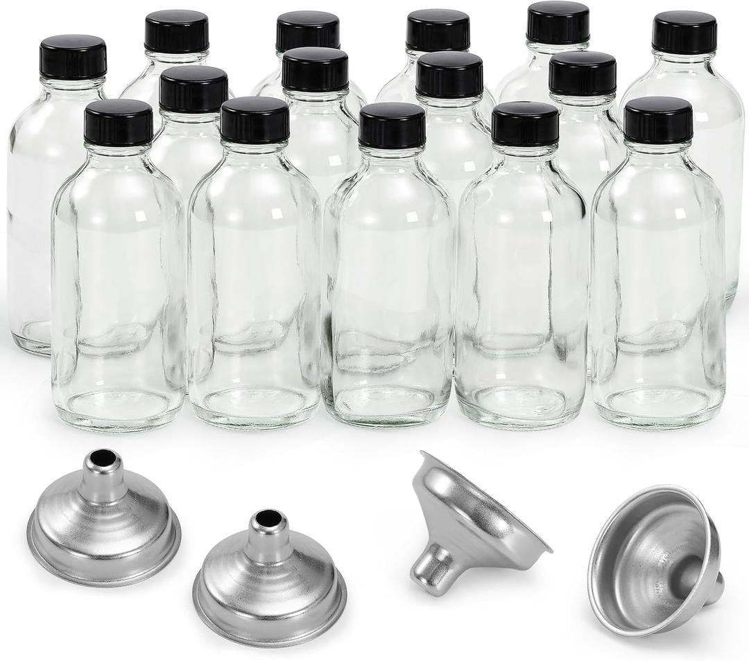15 Pack, 4 oz Small Clear Glass Bottles with Lids & 4 Stainless Steel Funnels - 120ml Boston Sample Bottle for Potion, Juice, Wellness, Ginger Shots, Whiskey, Liquids - Mini Travel Essential Bottles