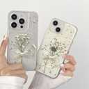 for iPhone 12 - White Flower Bow Case - Real Flower Gold Foil Transparent Case - Soft TPU Case for Women and Girls 6.1