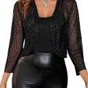 SweatyRocks Women's Sheer Mesh Crop Shrug 3/4 Sleeve Sequin Bolero Glitter Lightweight Cardigan Jacket (Black), Small