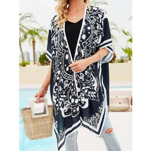 Bikini Cover-Ups Women Summer Print Chiffon Tassel Cover Up Cardigan Loose Boho Beach Pareo Swimsuit Kimono (One Size#CN, Zs2856-black)