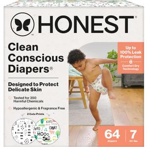 The Honest Company Clean Conscious Diapers for Delicate Skin | Up to 100% Leakproof | Hypoallergenic, Fragrance Free | Gender Neutral | Super Club Box, Size 7 (41+ lbs), 64 Count (Prints May Vary) (Barnyard Babies + Pattern Play)