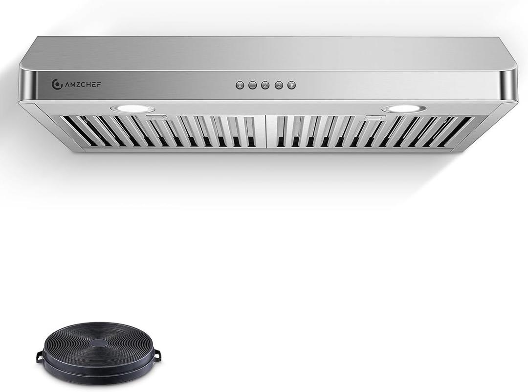 AMZCHEF Under Cabinet Range Hood 30 Inch, 750CFM Stainless Steel Kitchen Stove Vent Hood 3 Speed Exhaust Fan Button Control LED lights Dishwasher-Safe Baffle Filters Three Outlet Design