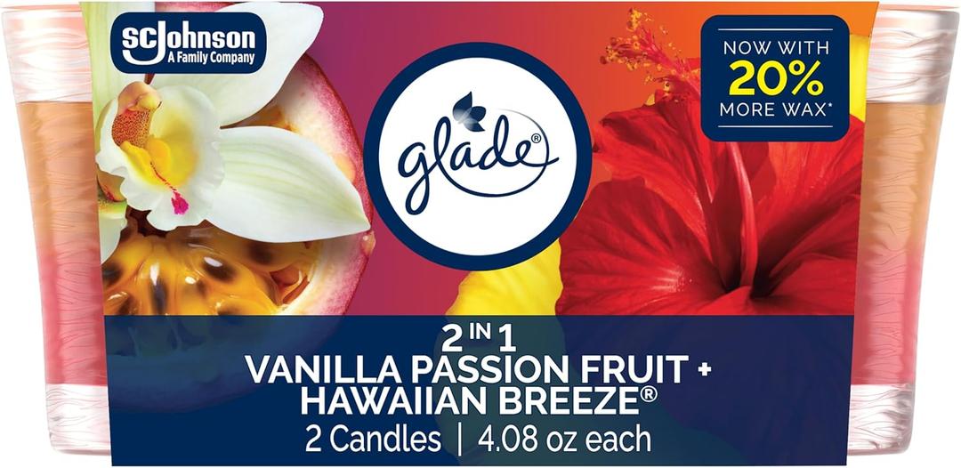 Glade 1-Wick 2in1 Scented Candle Jar, Hawaiian Breeze & Vanilla Passion Fruit, Air Freshener Infused with Essential Oils, 4.08 Oz, 2 Count