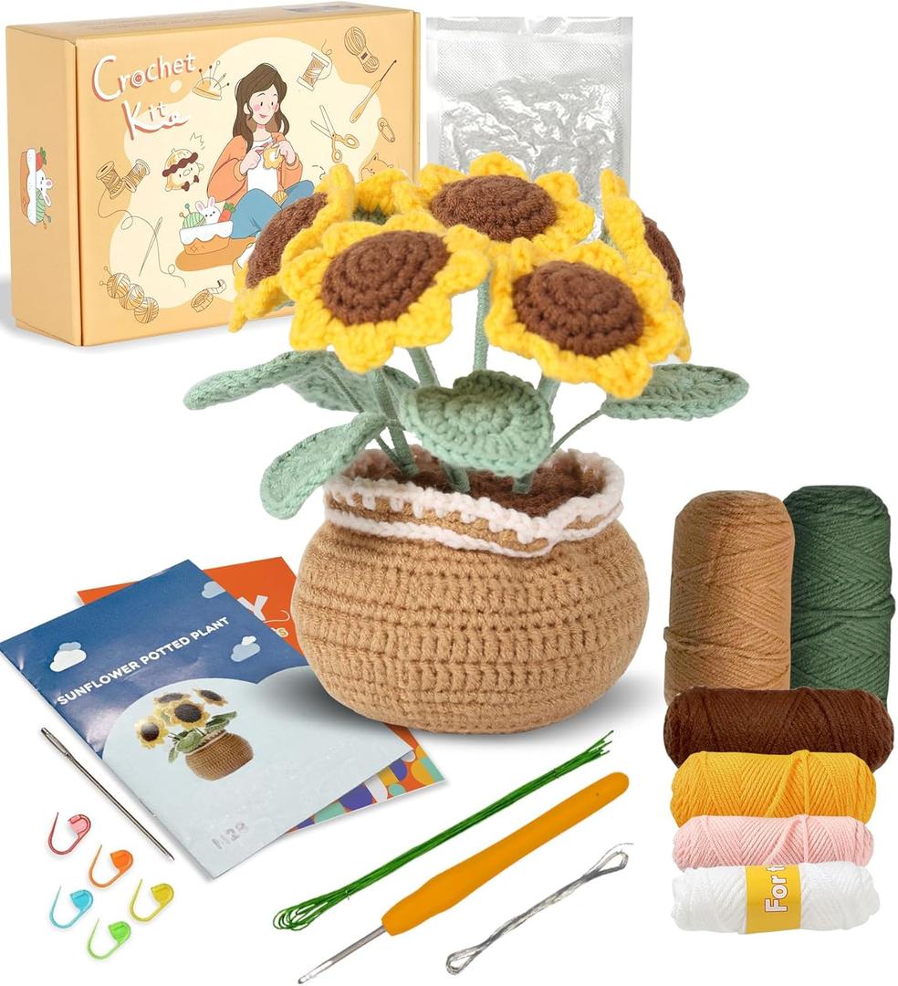 Ktmeor Crochet Kit for Beginners, Sunflower Crochet Starter Kit with Step-by-Step Video Tutorials, 40% Extra Practice Yarn