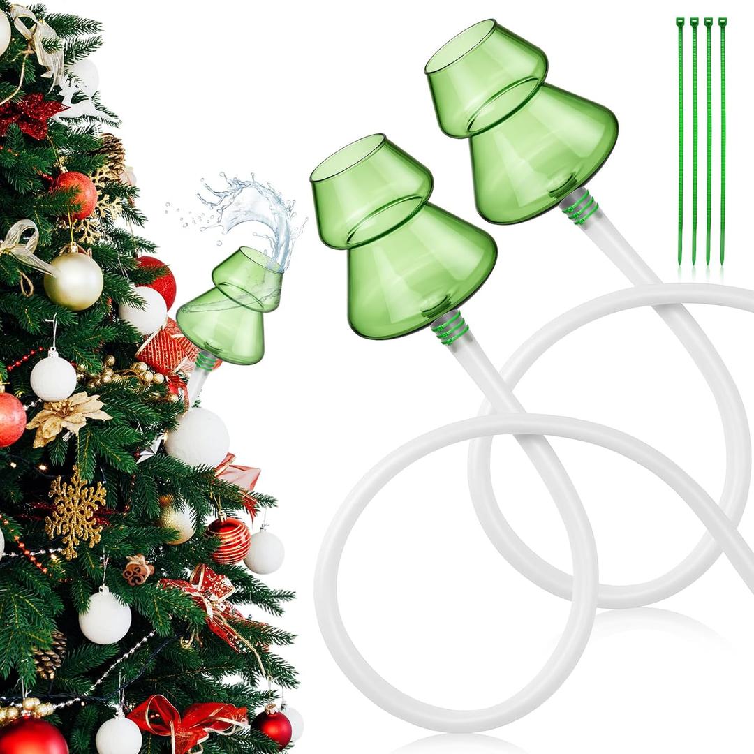 2 Set 59 Inch Christmas Tree Watering Funnel System - Tree Shape Glass Watering System with 5 ft Silicone Hose & Retaining Straps, Watered Tool for Real Live Xmas Trees, Indoor Outdoor Plant