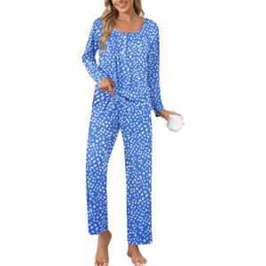 Ekouaer Pajamas for Women Set Long Sleeve Sleepwear Top & Pants Pjs Comfy 2 Piece Lounge Set with Pockets S-XXL (Blue, M)