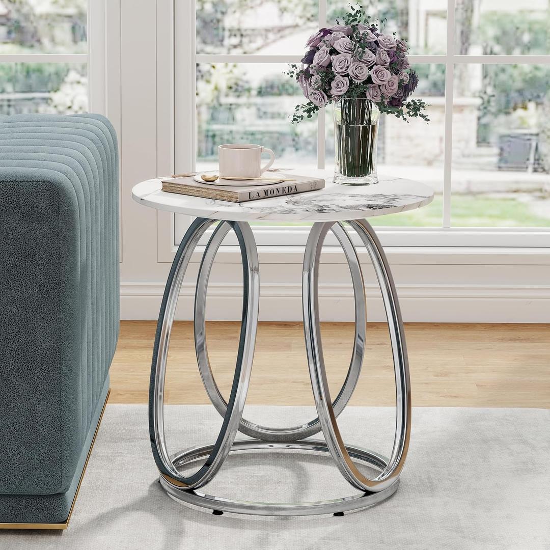 O&K FURNITURE Silver Side Table Living Room, Round End Table with Metal Frame, Modern Nightstand for Small Spaces, Bedroom, Home Office, 1PC, 23.62 inches x 23.62 inches x 25 inches