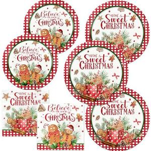 Christmas Gingerbread Plates and Napkins,Christmas Decorations Red Black Buffalo Plaid Ice Cream Sweet Christmas Gingerbread Man Tableware for Xmas Winter Holiday Party Supplies Decor