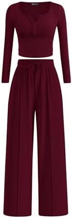PRETTYGARDEN Women's 2025 Fall Trendy 2 Piece Outfits Lounge Sets Long Sleeve Top Henley Shirts Wide Leg Pants Travel Clothes, S, Red