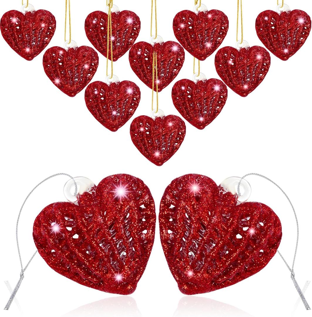 12PCS Heart Ornaments for Valentine Crystal Glass Heart Shape Hanging Ornaments for Christmas Valentine's Anniversary Wedding Party Decoration (Red)