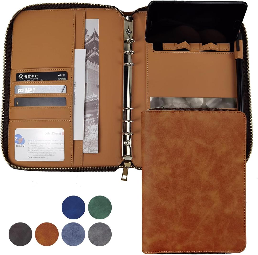 A5 Binder Case PU Leather Portfolio Budget Binder Refillable Notebook Planner Cover with Zipper 6 Rings Money Document Organizer for Business Interview (Brown)