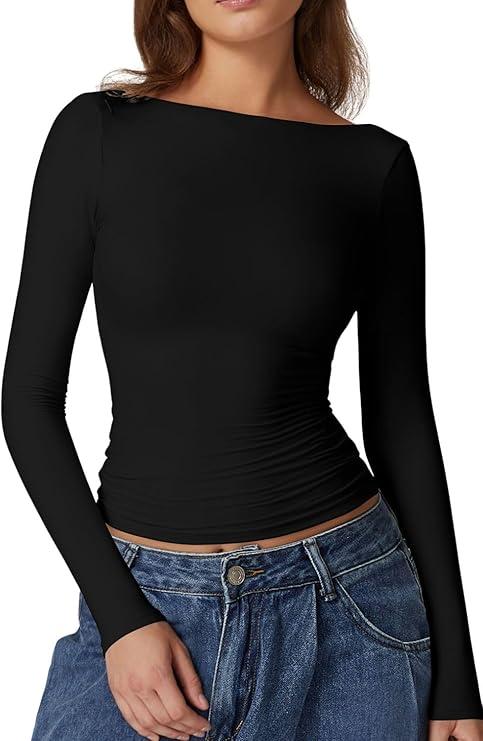 QINSEN Women's Sexy Open Back Long Sleeve Shirts High Neck Double Lined Tees Fitted Going Out Tops M