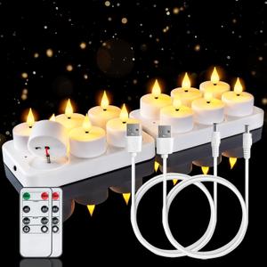 Homemory Rechargeable Tea Lights Flameless Candles with Remote Timer, Battery Operated LED Tealight Candles, USB Candles for Wedding Table Centerpiece Reception Banquet Christmas Halloween, 12-Pack (Warm White Light, Pack of 12)