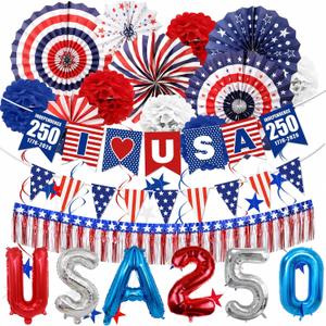 33pcs 4th of July Patriotic Decorations America 250 Decorations Set, Red White and Blue Paper Fans Decor with Banner, Pom Poms, Hanging Swirls and Balloons for Independence Day Memorial Day