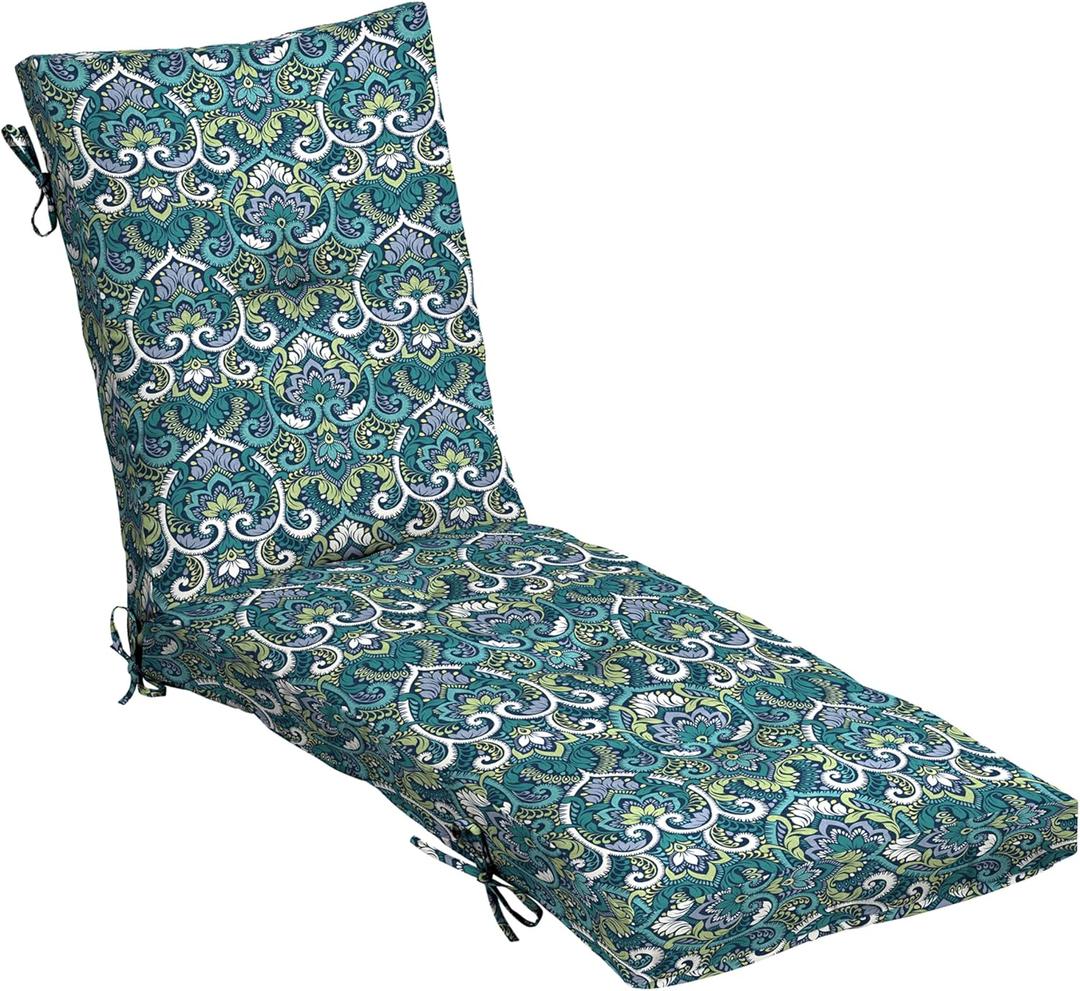 Arden Outdoor Plush Modern Tufted Chaise Cushion, 76 x 22, Rain-Proof, Fade Resistant, Tufted Cushion for Chaise Lounger Sapphire Aurora Blue Damask