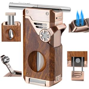 5-in-1 Torch Lighter with V Cutter Holder Punch and Draw Enhancer Tool,Four Windproof Jet Flame Multi-Functional Lighter,Refillable Butane Lighter with Gift Box for Men Mahogany,Without Butane