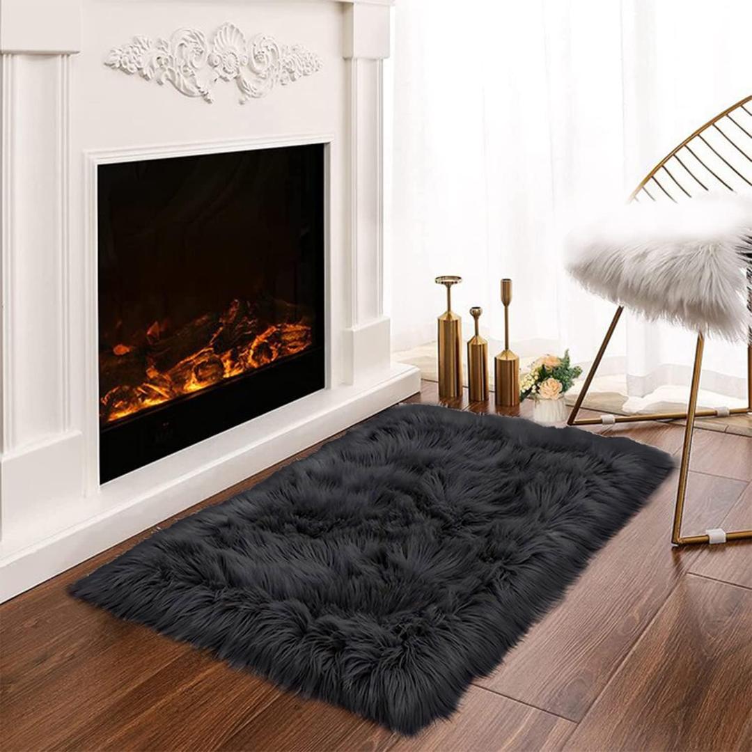 Latepis Black Fur Rug for Bedroom Throw Rugs 2x3 Faux Sheepskin Rug Washable Fluffy Shag Rugs Carpet for Cushion Pet Mat Room Dcor Rectangle
