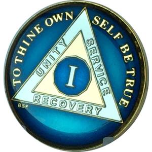 1 Year Midnight Blue AA Medallion Chip Tri Plate Gold & Nickel Plated Serenity Prayer