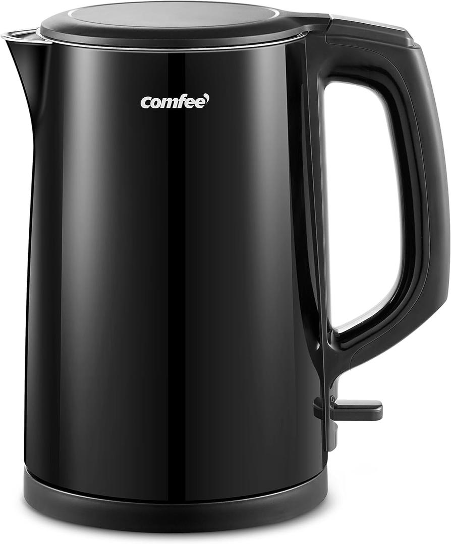 COMFEE' Electric Kettle and Tea Kettle, 1.5L Double Wall, Stainless Steel Interior, Lid & Spout, Fast Boil, Auto-Off, and Boil-Dry Protection, 1500W (1.6 Quarts, Metal Black)