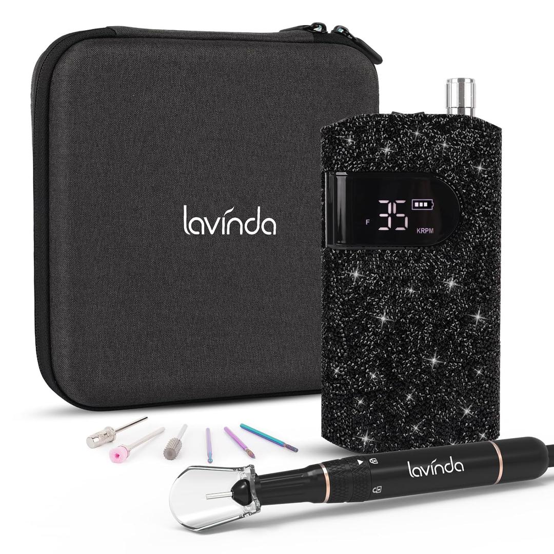 Lavinda Professional Electric Nail Drill Kit, 35000RPM Cordless Portable Machine for Acrylic Gel Nails, Rechargeable E File With Black Rhinestones, Manicure Tools (Black)