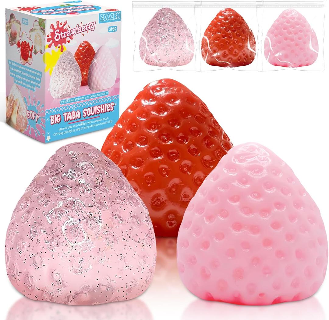 3Pcs Big Taba Squishies Strawberry, Cute Strawberry Squeeze Toys, Upgrade Fruit Squishies, Kawaii Sticky Stress Toys, Clear Fidget Toys, OPP Packaging Gifts & Perfect Desk Accessory for Kids Adults