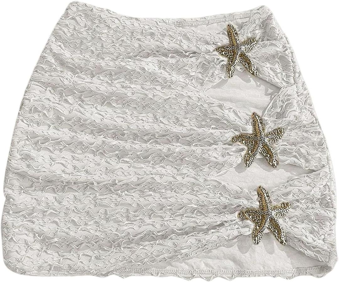 Verdusa Women's Cut Out Starfish Swim Cover Up Skirt Textured Bathing Suit Bikini Bottoms (Large, White)