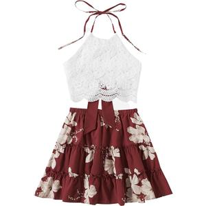 LYANER Women's 2 Piece Sets Summer Lace Halter Cami Crop Top and Mini Skirt Set Vacation Beach Outfits Small